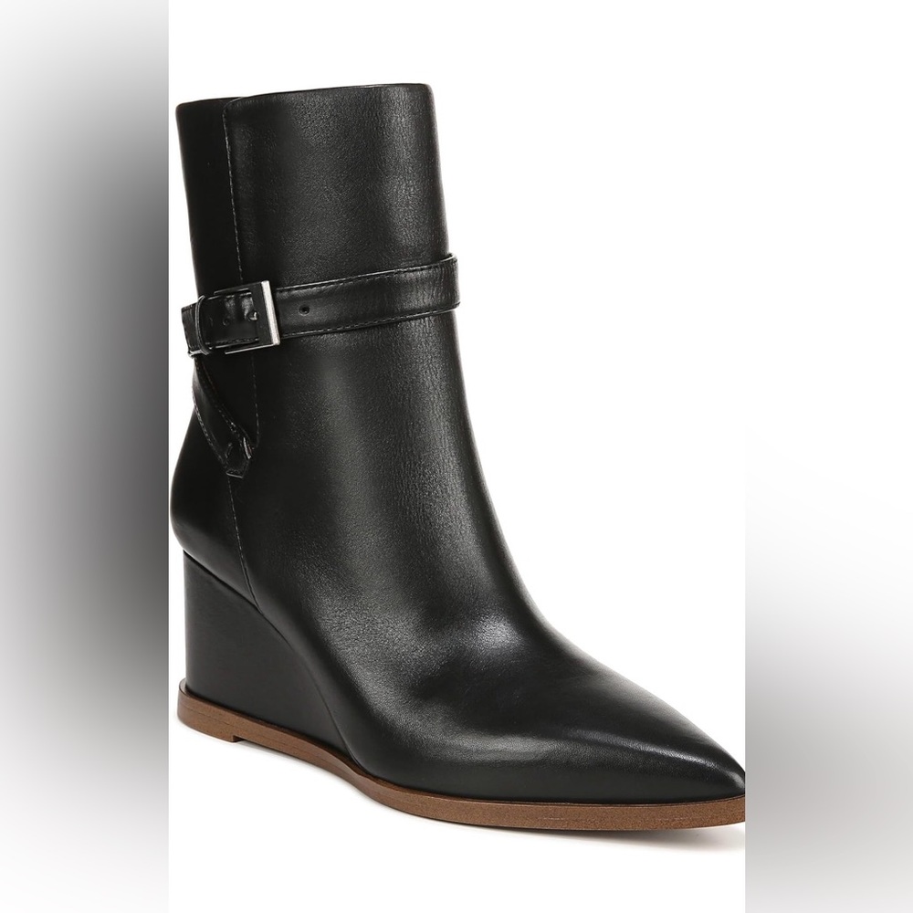 Franco Sarto Women's Emina Pointed Toe Wedge Bootie Ankle Boot Black Leather